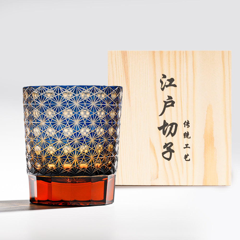 日式江戶切子 琥珀綾光手工切割威士忌杯 -藍色 - 正面圖|BRAVOMART