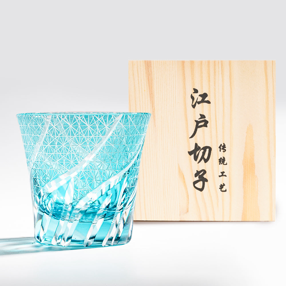 日式江戶切子 流光風紋手工切割威士忌杯 - 天藍 - 正面圖|BRAVOMART