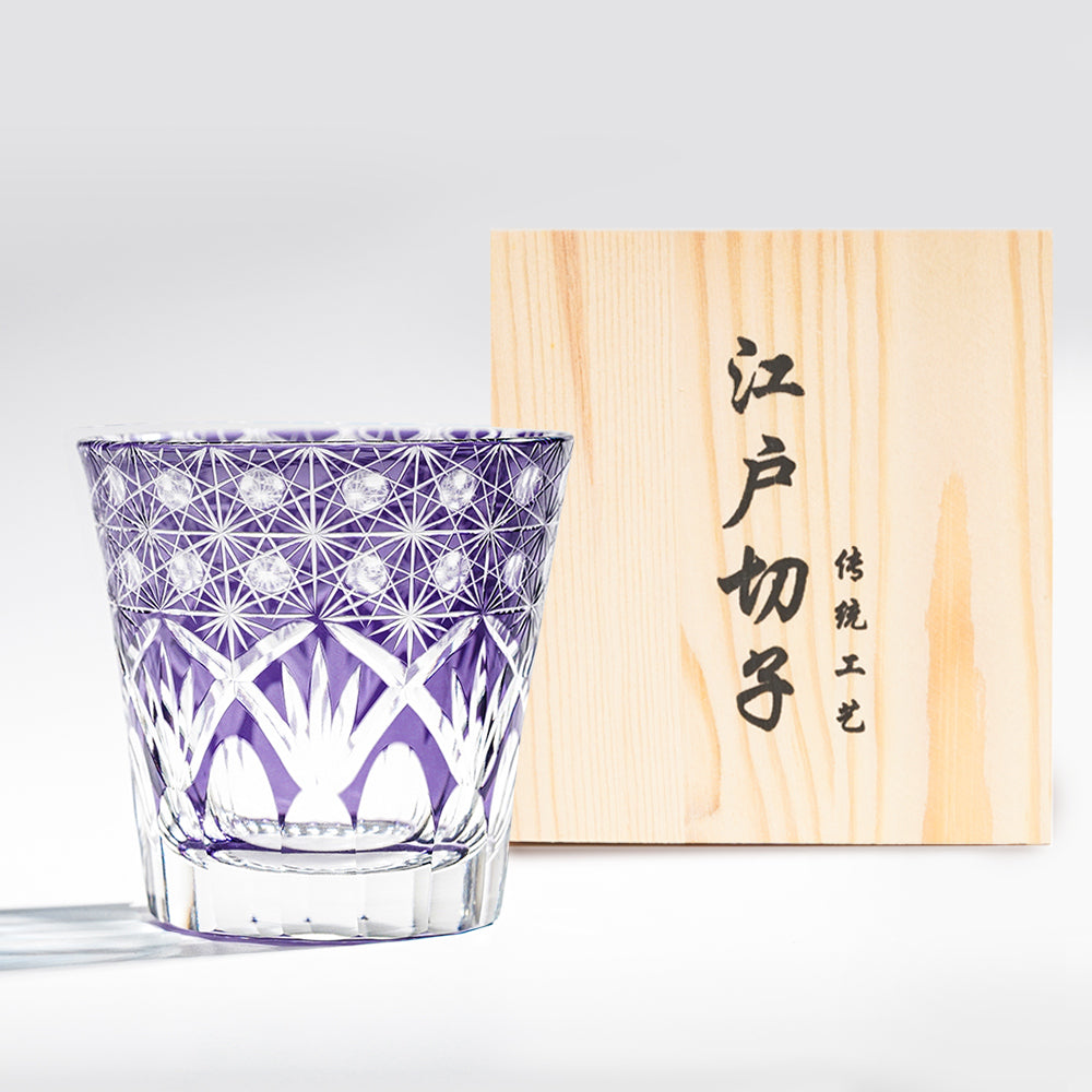 日式江戶切子 冰羽花紋手工切割威士忌杯 - 紫色 - 正面圖|BRAVOMART