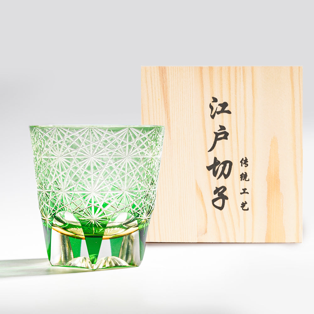 日式江戶切子 手工雕刻麻葉雕刻威士忌杯 - 綠色 - 正面圖|BRAVOMART