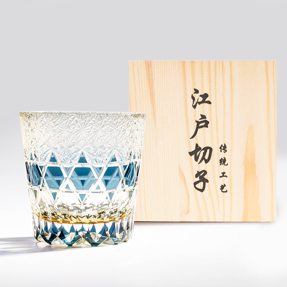 日式江戶切子 霜紋撞色手工切割威士忌杯 - 藍色 - 正面圖|BRAVOMART