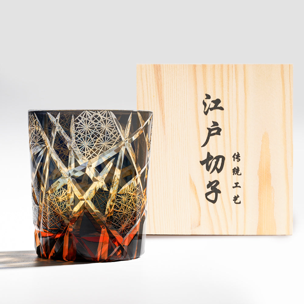 日式江戶切子 星芒網紋手工切割威士忌杯 - 黑色 - 正面圖|BRAVOMART