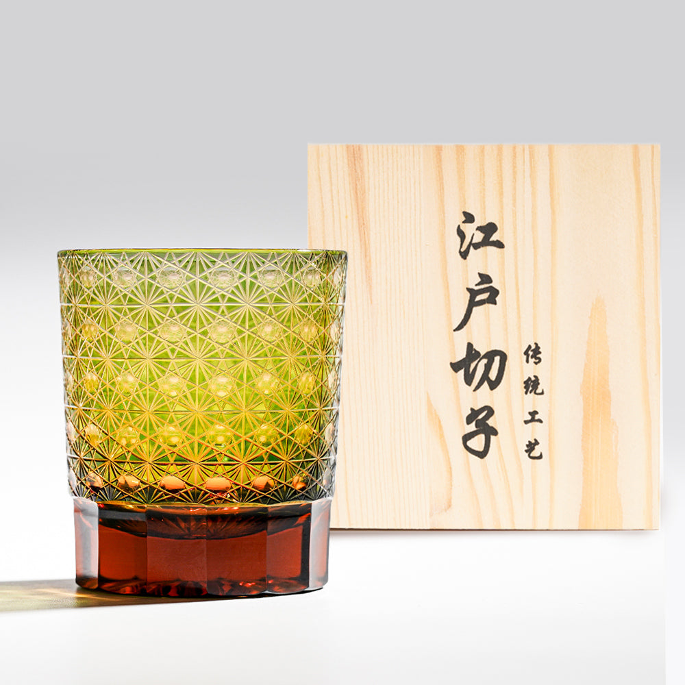 日式江戶切子 琥珀綾光手工切割威士忌杯 -綠色 - 正面圖|BRAVOMART
