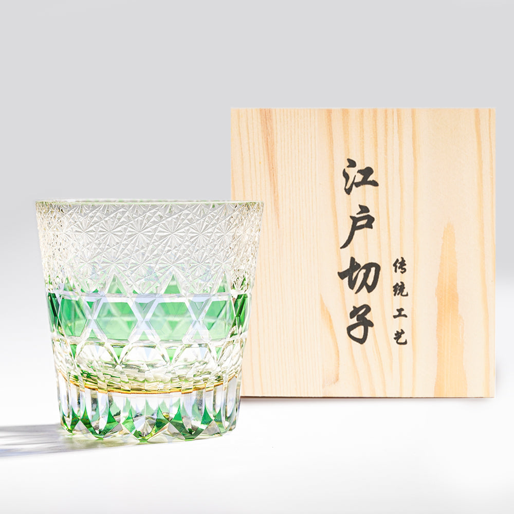 日式江戶切子 霜紋撞色手工切割威士忌杯 - 綠色 - 正面圖|BRAVOMART
