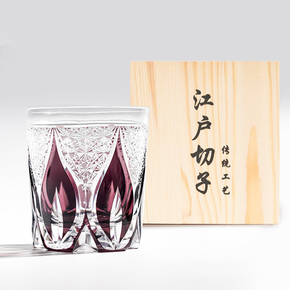 日式江戶切子 放射羽紋琥珀藍雙色手工切割威士忌杯 - 紫色 - 正面圖|BRAVOMART