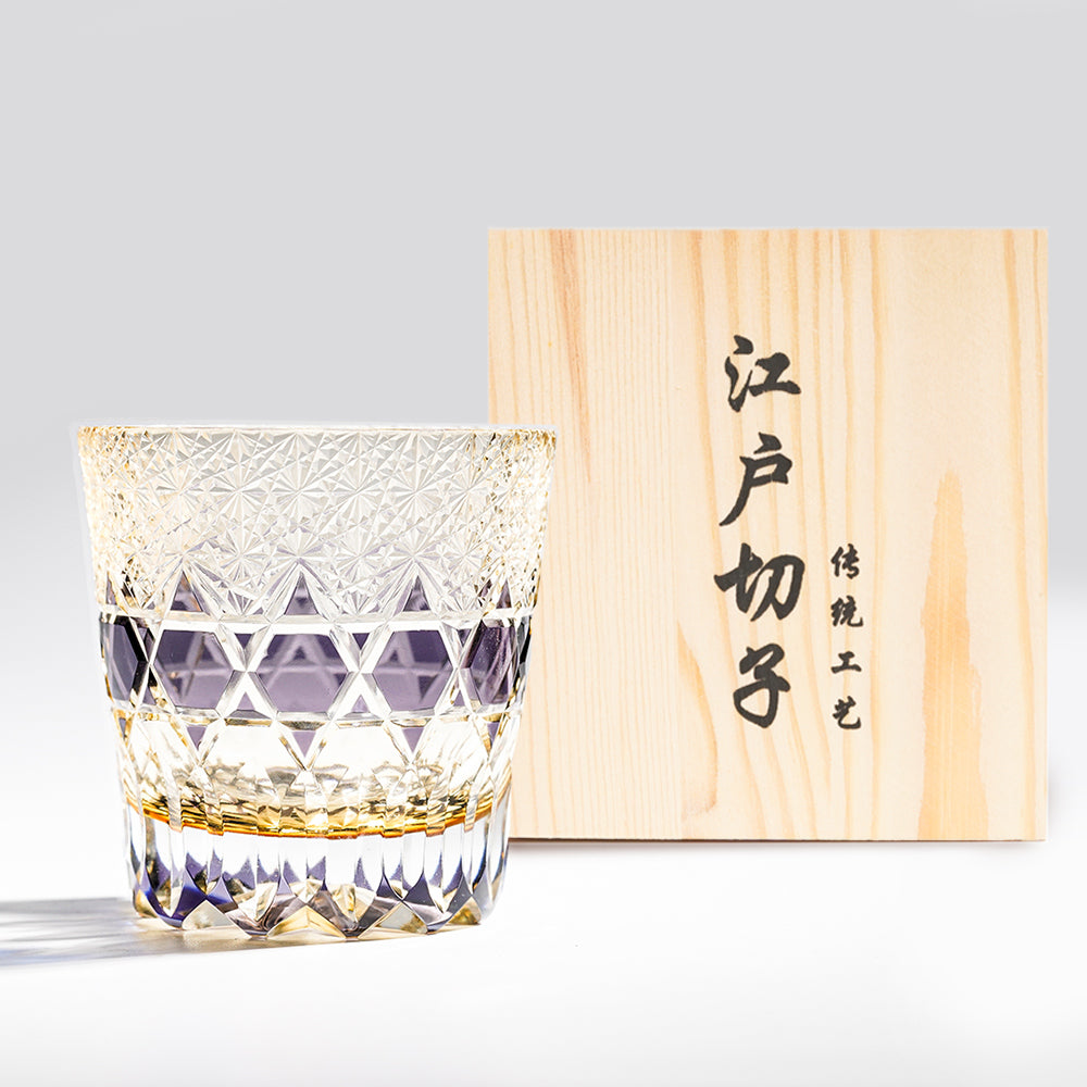 日式江戶切子 霜紋撞色手工切割威士忌杯 - 紫色 - 正面圖|BRAVOMART