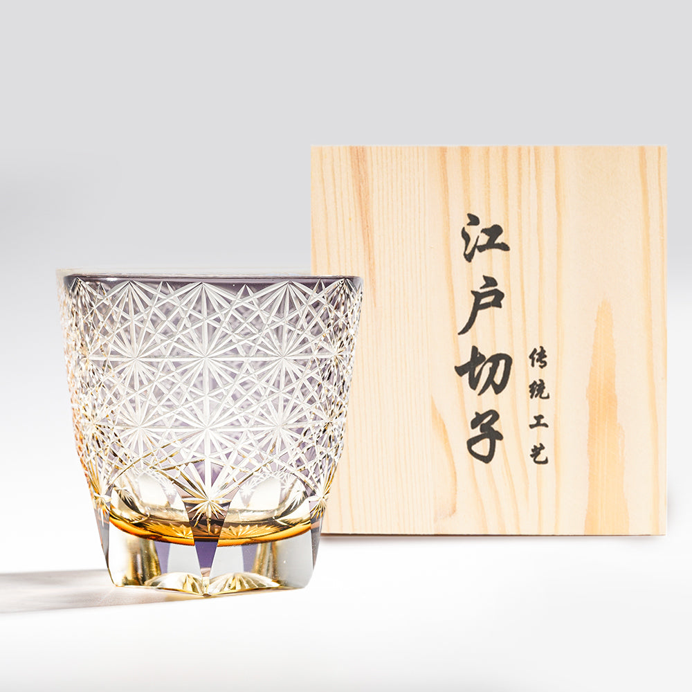 日式江戶切子 手工雕刻麻葉雕刻威士忌杯 - 紫色 - 正面圖|BRAVOMART