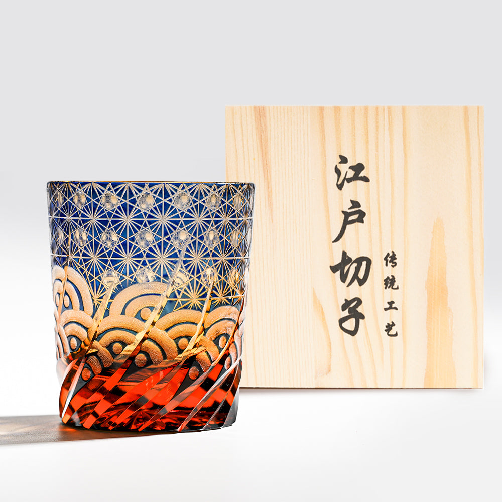日式江戶切子 藍琥珀星芒海浪手工切割威士忌杯 - 正面圖|BRAVOMART