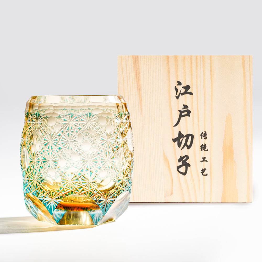 日式江戶切子 綺影光雕手工切科威士忌杯 - 綠色 - 正面圖|BRAVOMART