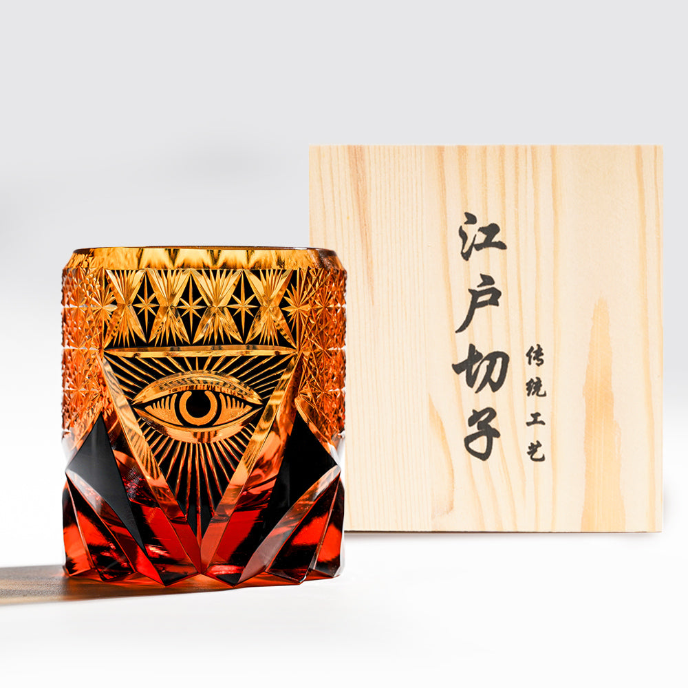 日式江戶切子 琥珀守光手工雕刻威士忌杯 - 正面圖|BRAVOMART