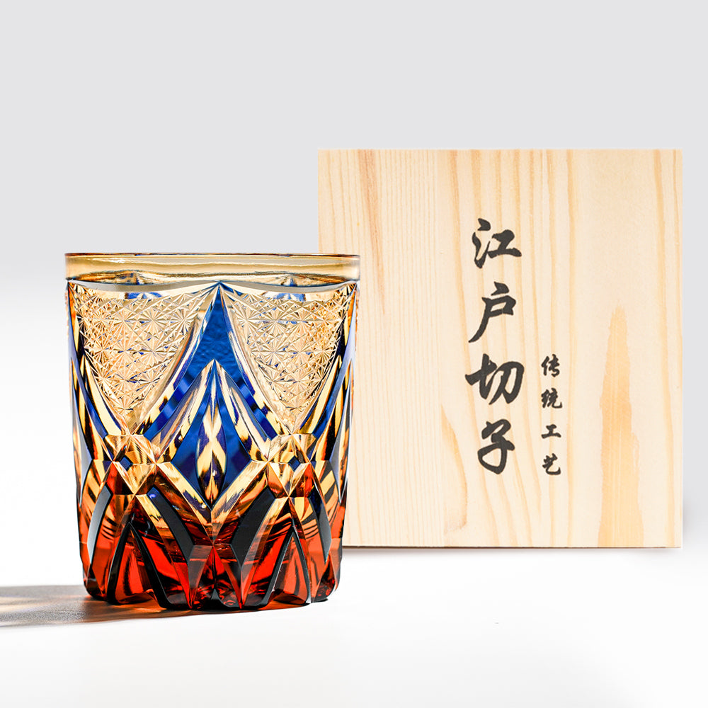 日式江戶切子 琥珀藍光塔手工切割威士忌杯 - 正面圖|BRAVOMART