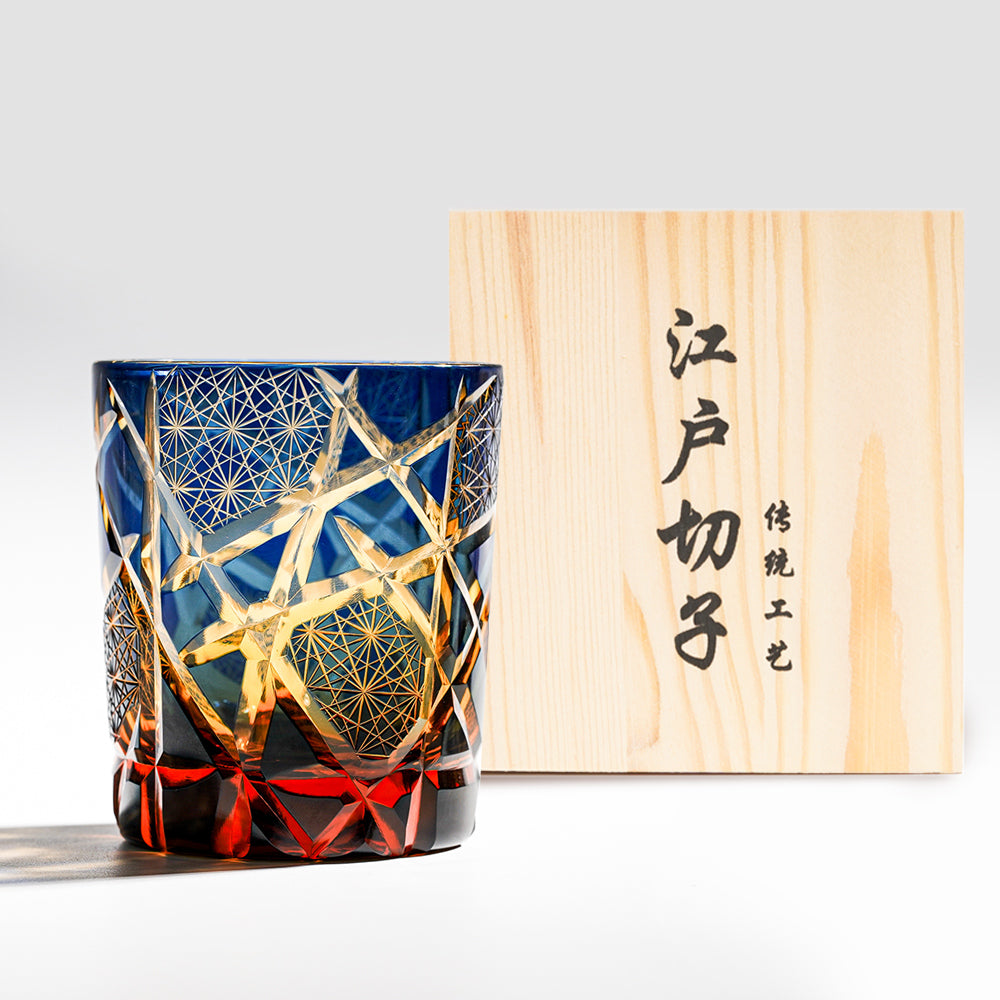 日式江戶切子 星芒網紋手工切割威士忌杯 - 藍色 - 正面圖|BRAVOMART