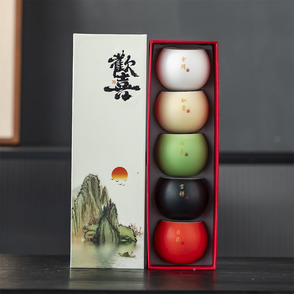 吉祥如意文創黑陶茶杯組 - 正面圖|BRAVOMART
