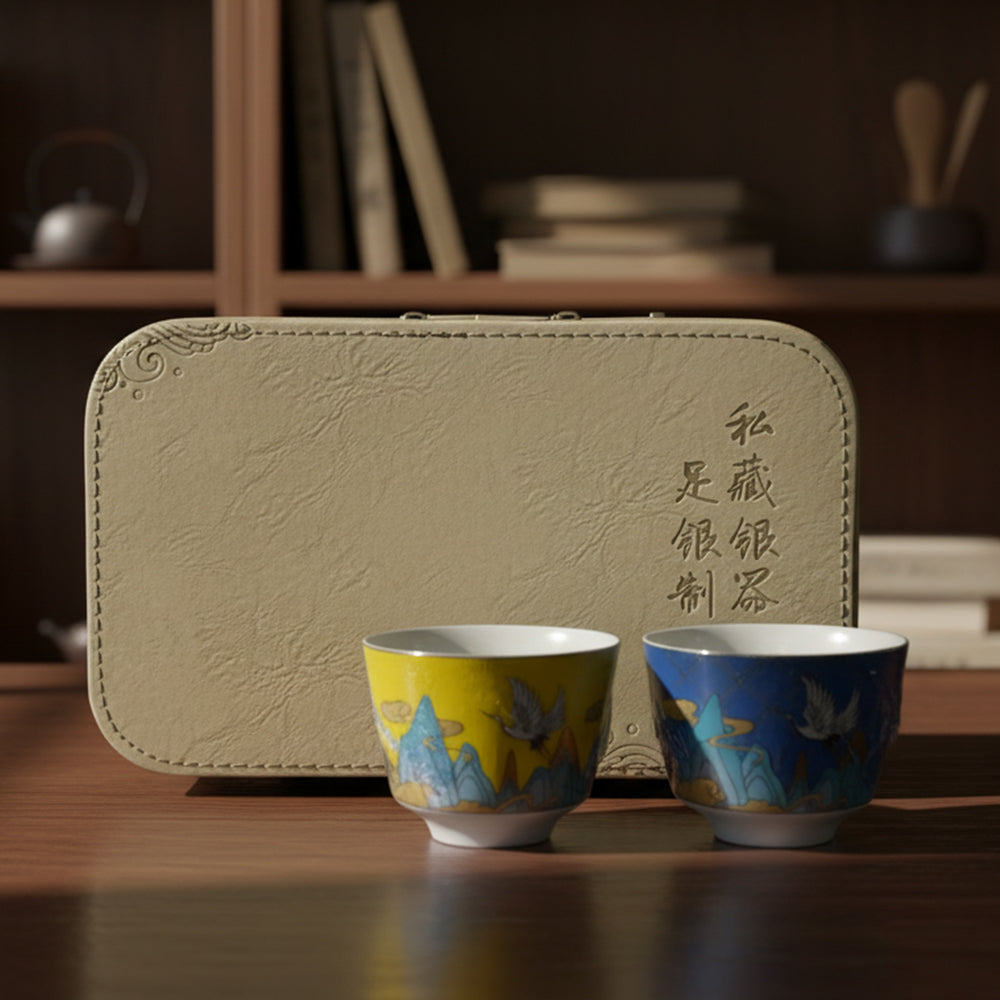 高檔琺琅彩鎏銀茶杯雙杯禮盒組 - 正面圖|BRAVOMART