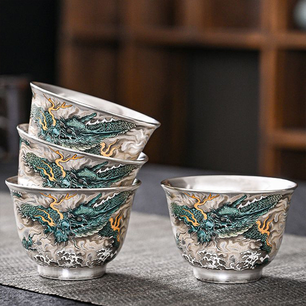 青龍鎏銀茶杯 反口杯 茶盞 - 側面圖|BRAVOMART