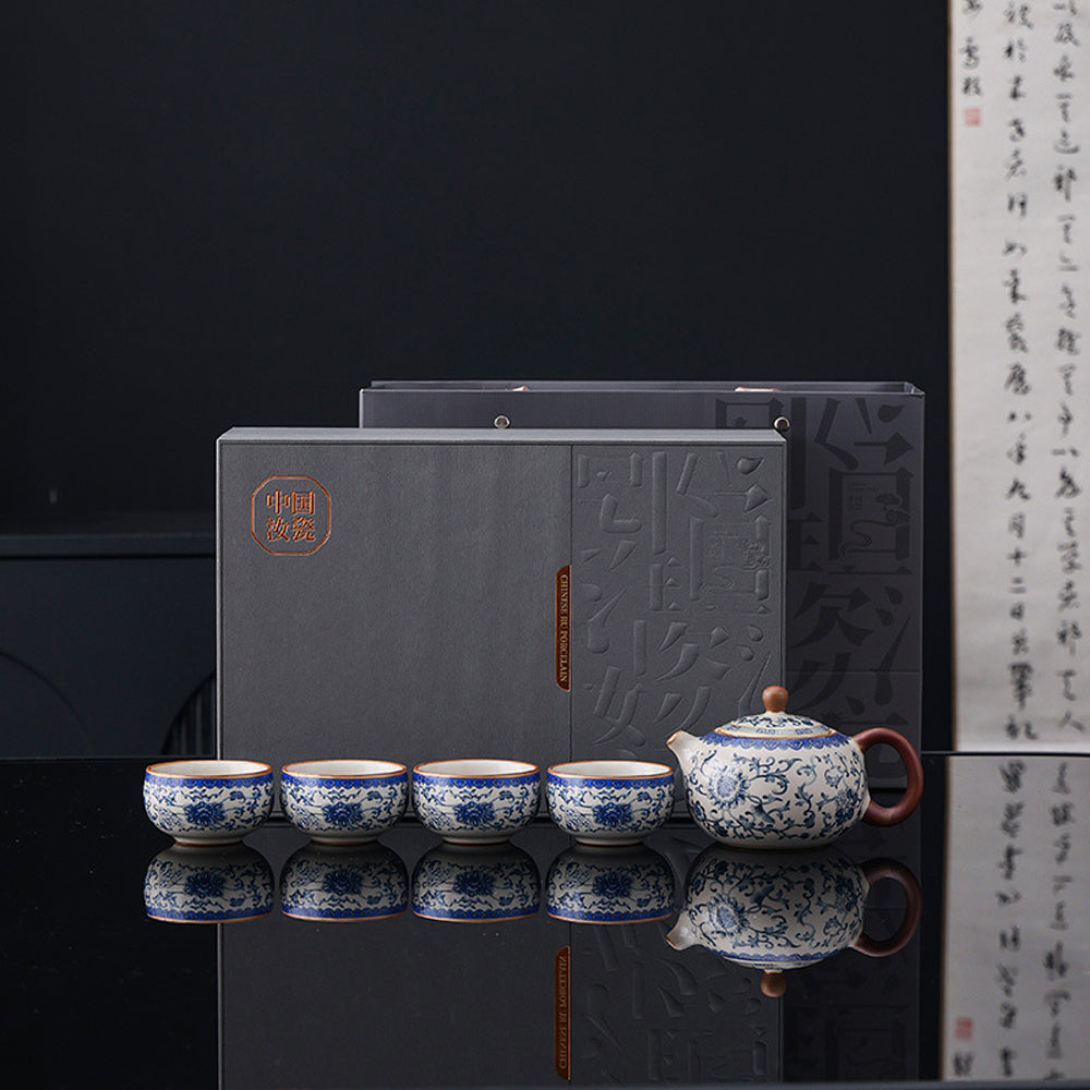 纏枝蓮蓋-汝窯茶壺茶具套裝組 - 正面圖|BRAVOMART