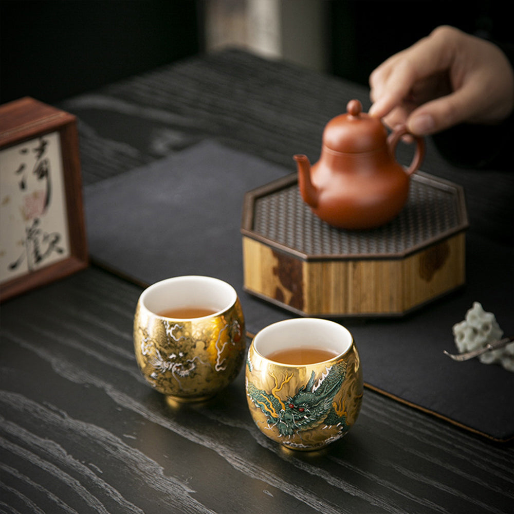 鎏金茶杯龍鳳對杯禮盒 - 刻字展示|BRAVOMART