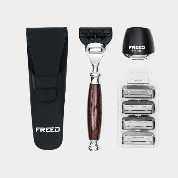 FREED仿紫紅檀木刮鬍刀,含刀套、刀座、四刀頭。FREED 客製化刻字。