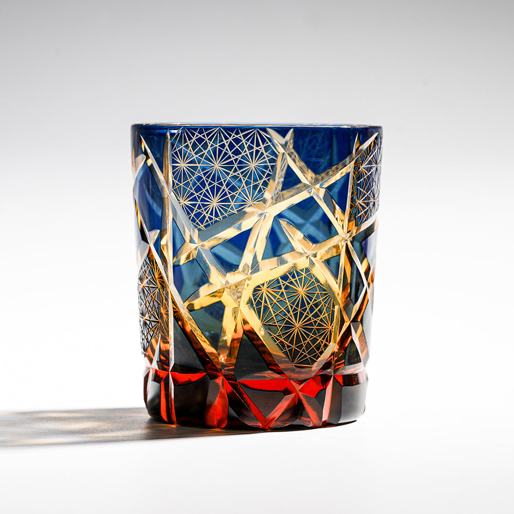 日式江戶切子 星芒網紋手工切割威士忌杯 - 藍色 - 刻字展示|BRAVOMART