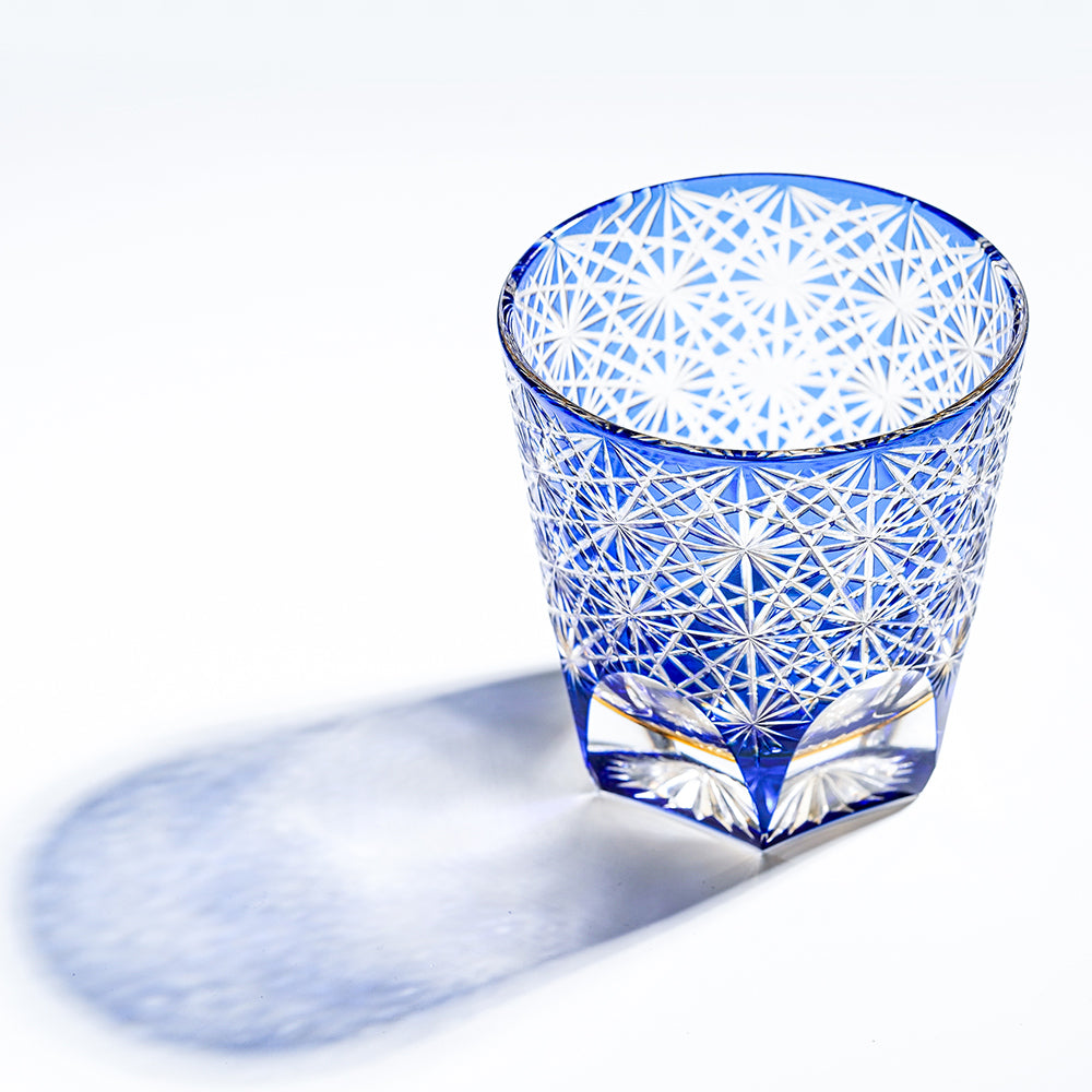 日式江戶切子 手工雕刻麻葉雕刻威士忌杯 - 藍色 - 刻字展示|BRAVOMART