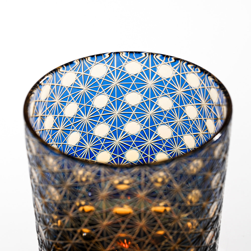 日式江戶切子 琥珀綾光手工切割威士忌杯 -藍色 - 刻字展示|BRAVOMART