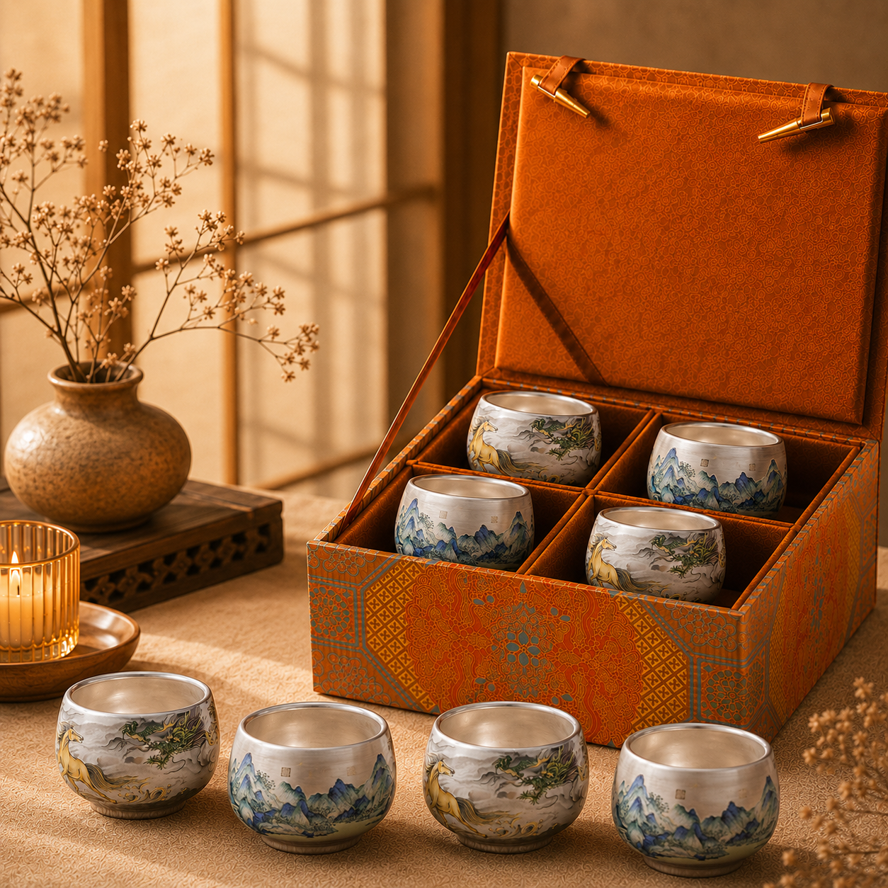 高檔琺琅彩鎏銀茶杯 - 4入組禮盒