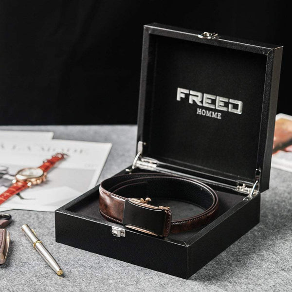 咖啡色頭層牛皮皮帶,精緻禮盒裝,FREED 客製化刻字