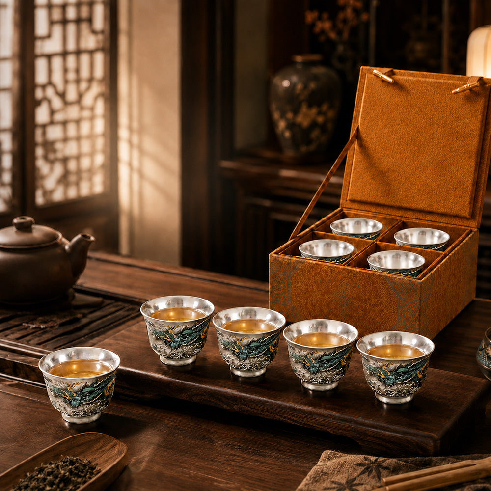 青龍鎏銀茶杯 反口杯 - 4入組禮盒