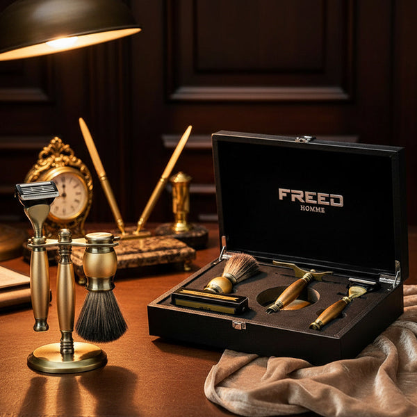 古銅色五刀式刮鬍刀,復古辦公室情境,FREED 客製化刻字。