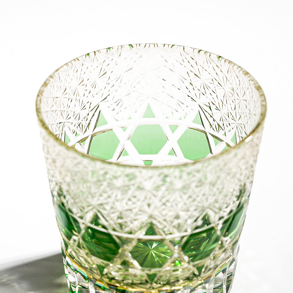 日式江戶切子 霜紋撞色手工切割威士忌杯 - 綠色 - 刻字展示|BRAVOMART