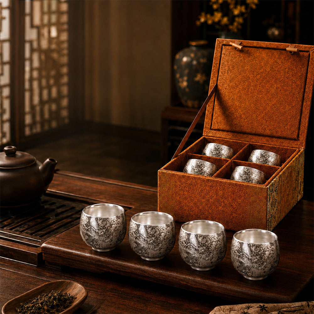 銀質手繪墨龍茶盞禮盒 - 4入組