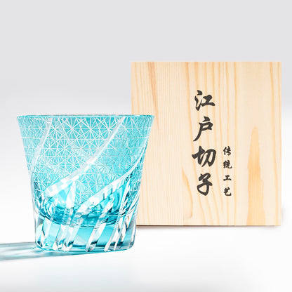 日式江戶切子 流光風紋手工切割威士忌杯 - 天藍 - 正面圖｜BRAVOMART