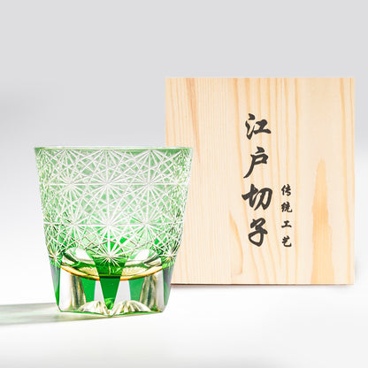 日式江戶切子 手工雕刻麻葉雕刻威士忌杯 - 綠色 - 正面圖｜BRAVOMART