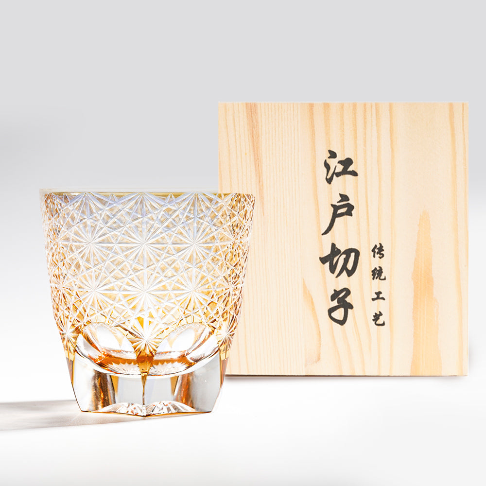 日式江戶切子 手工雕刻麻葉雕刻威士忌杯 - 橘色 - 正面圖｜BRAVOMART