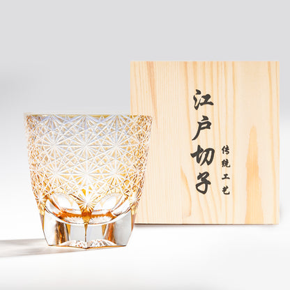 日式江戶切子 手工雕刻麻葉雕刻威士忌杯 - 橘色 - 正面圖｜BRAVOMART