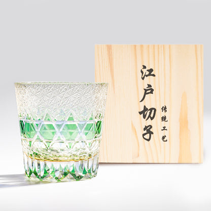 日式江戶切子 霜紋撞色手工切割威士忌杯 - 綠色 - 正面圖｜BRAVOMART