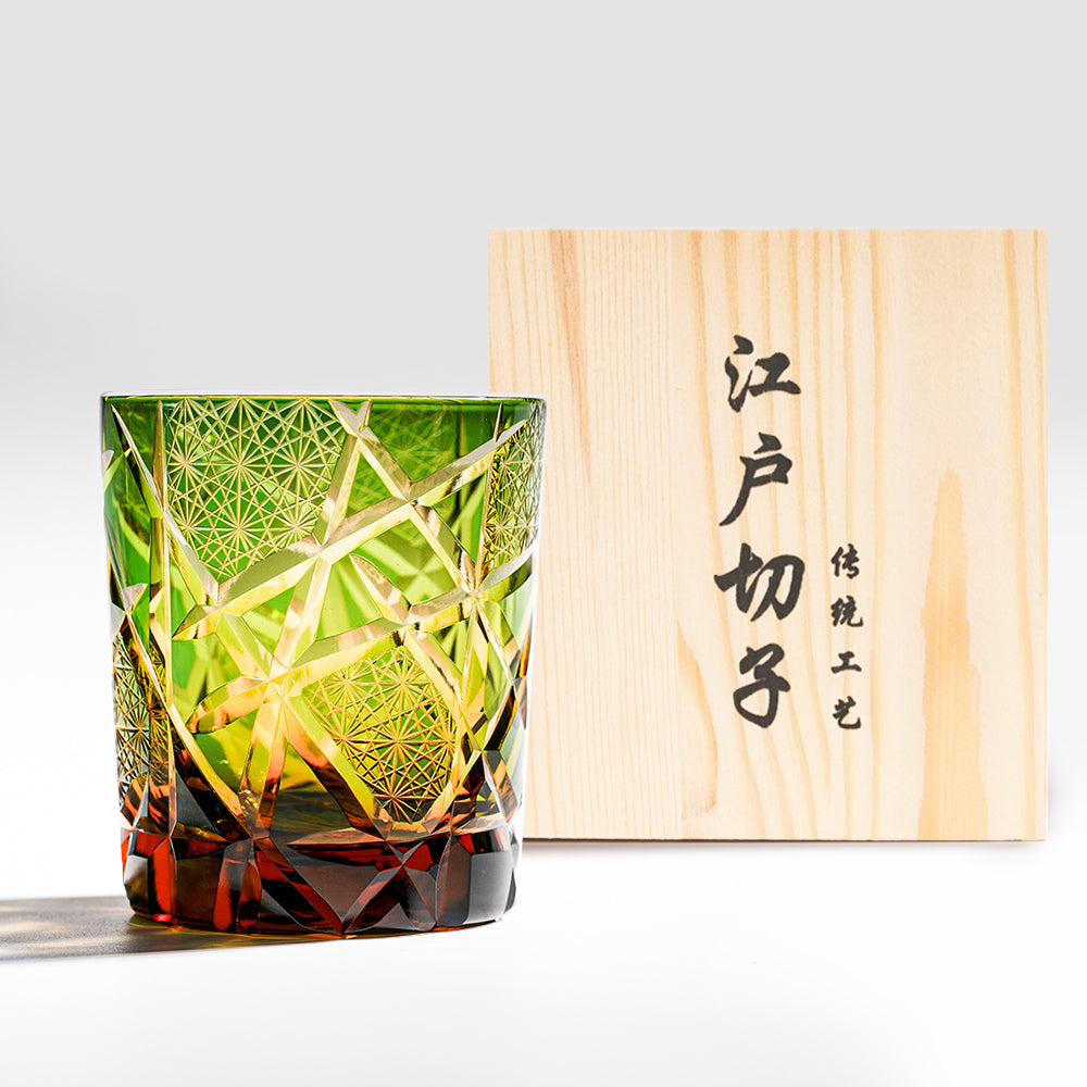 日式江戶切子 星芒網紋手工切割威士忌杯 - 綠色 - 正面圖｜BRAVOMART