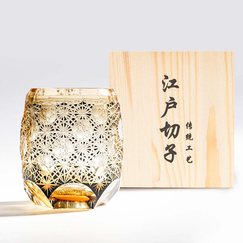 日式江戶切子 綺影光雕手工切科威士忌杯 - 金色 - 正面圖｜BRAVOMART