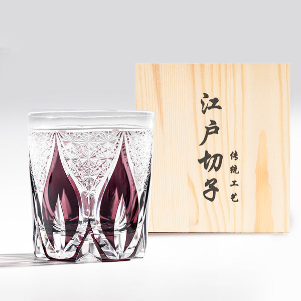 日式江戶切子 放射羽紋琥珀藍雙色手工切割威士忌杯 - 紫色 - 正面圖｜BRAVOMART