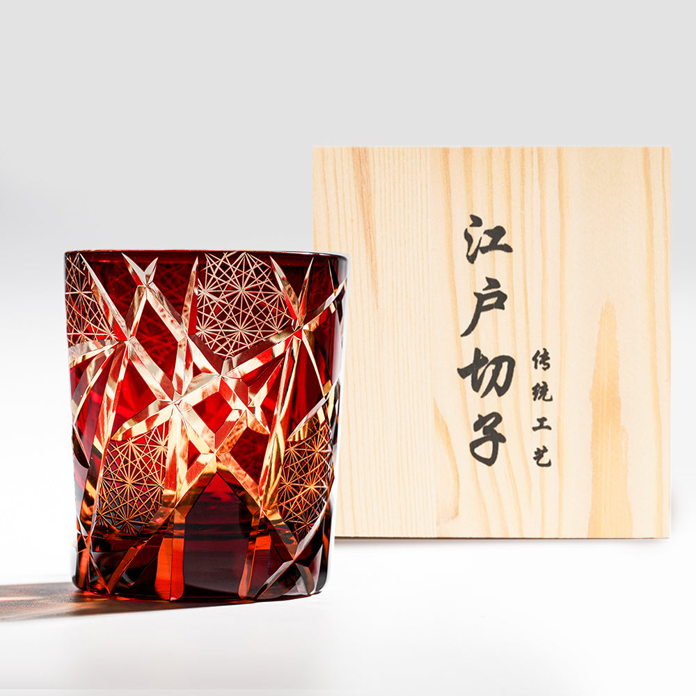 日式江戶切子 星芒網紋手工切割威士忌杯 - 紅色 - 正面圖｜BRAVOMART