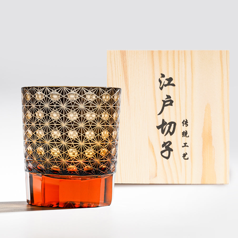 日式江戶切子 琥珀綾光手工切割威士忌杯 -黑色 - 正面圖｜BRAVOMART