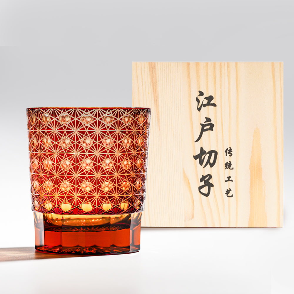 日式江戶切子 琥珀綾光手工切割威士忌杯 -紅色 - 正面圖｜BRAVOMART