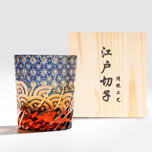 日式江戶切子 藍琥珀星芒海浪手工切割威士忌杯 - 正面圖｜BRAVOMART