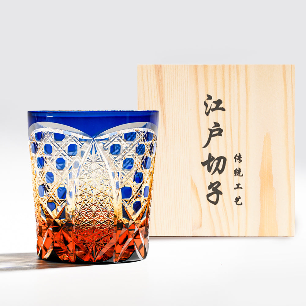 日式江戶切子 藍金鎧格手工切割威士忌杯 - 正面圖｜BRAVOMART