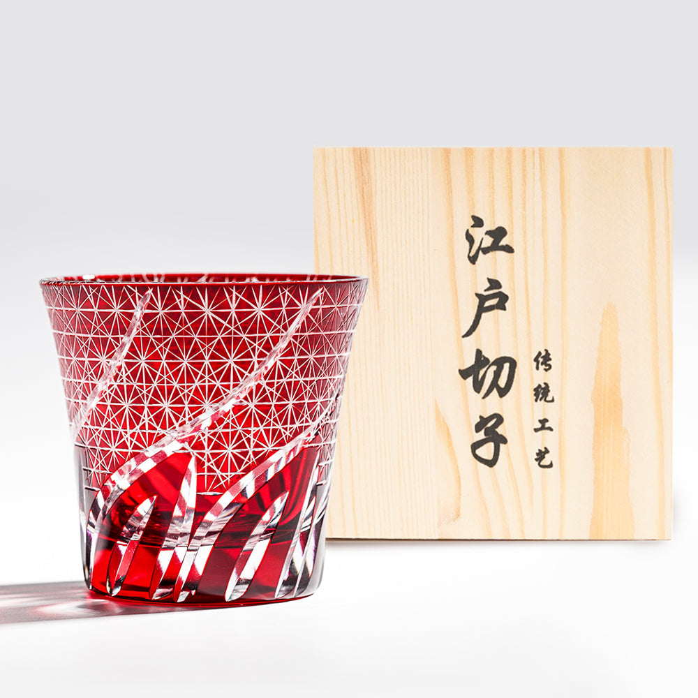 日式江戶切子 流光風紋手工切割威士忌杯 - 紅色 - 正面圖｜BRAVOMART