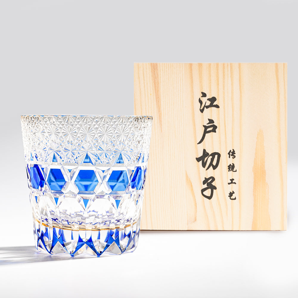 日式江戶切子 霜紋撞色手工切割威士忌杯 - 寶石藍 - 正面圖｜BRAVOMART