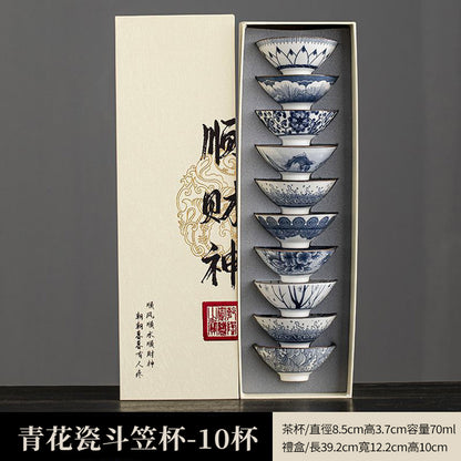 青花瓷品茗斗笠杯10件組禮盒 - 正面圖｜BRAVOMART