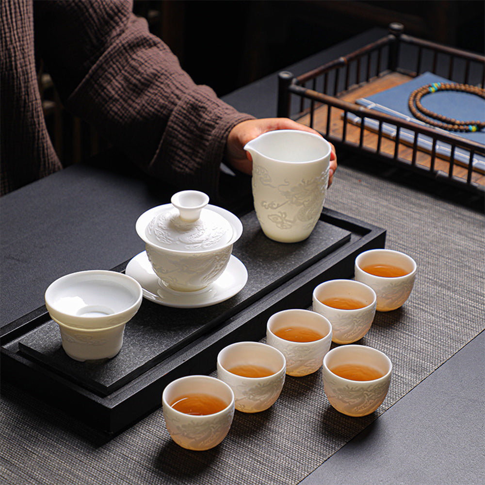 龍鳳呈祥羊脂玉瓷品茗茶具禮盒 - 正面圖｜BRAVOMART