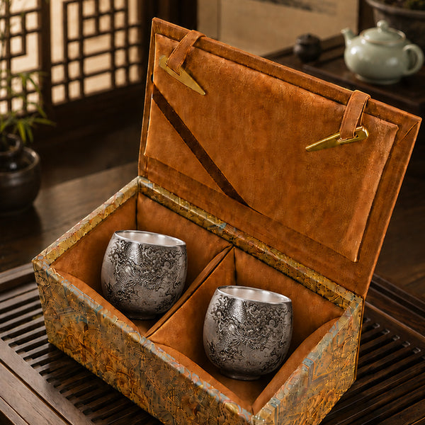 銀質手繪墨龍茶盞禮盒 - 2入組