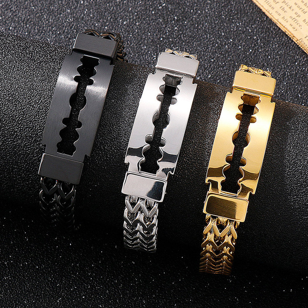 刀片造型雙圈磁釦手鍊 古巴鍊 - 正面圖｜BRAVOMART